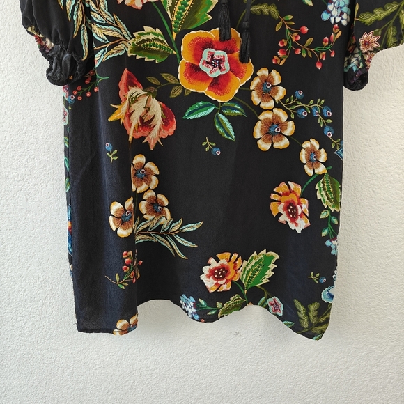 Johnny Was Zorya 100% Silk Floral Print Puff 3/4 Sleeve Mini Dress Black Size XS - Picture 3 of 15